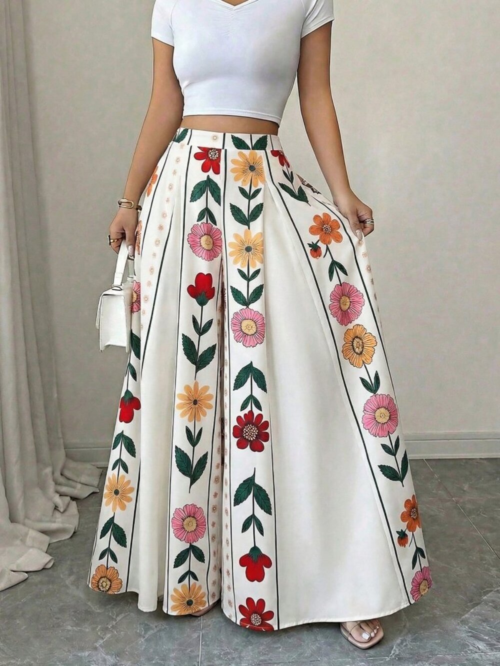 Multicolor Boho Women's Printed Wide Leg Pants - Picture 3 of 4